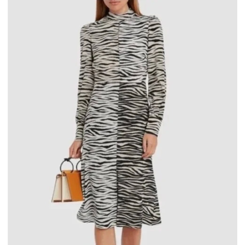 A.L.C. Kennedy Zebra Print Silk Midi Dress Size 8 Black White Keyhole Mock Neck